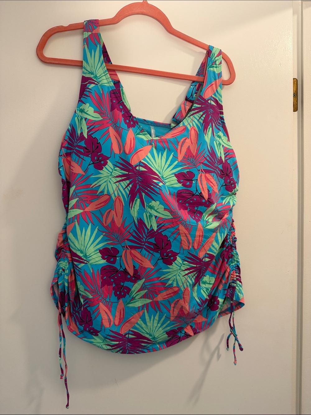 Lands' End Tropical Swim Tankini Top — Teal, Coral & Purple